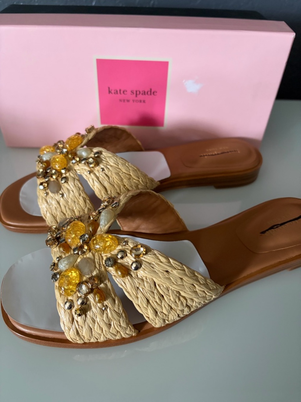 Kate Spade “Dock Crystal” Natural Braided Raffia Slide Sandals, Sz 9.5B